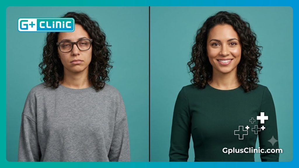 Split screen showing a woman before and after clear vision correction