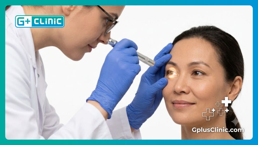 Oftalmólogo experto examinando los ojos con luz médica