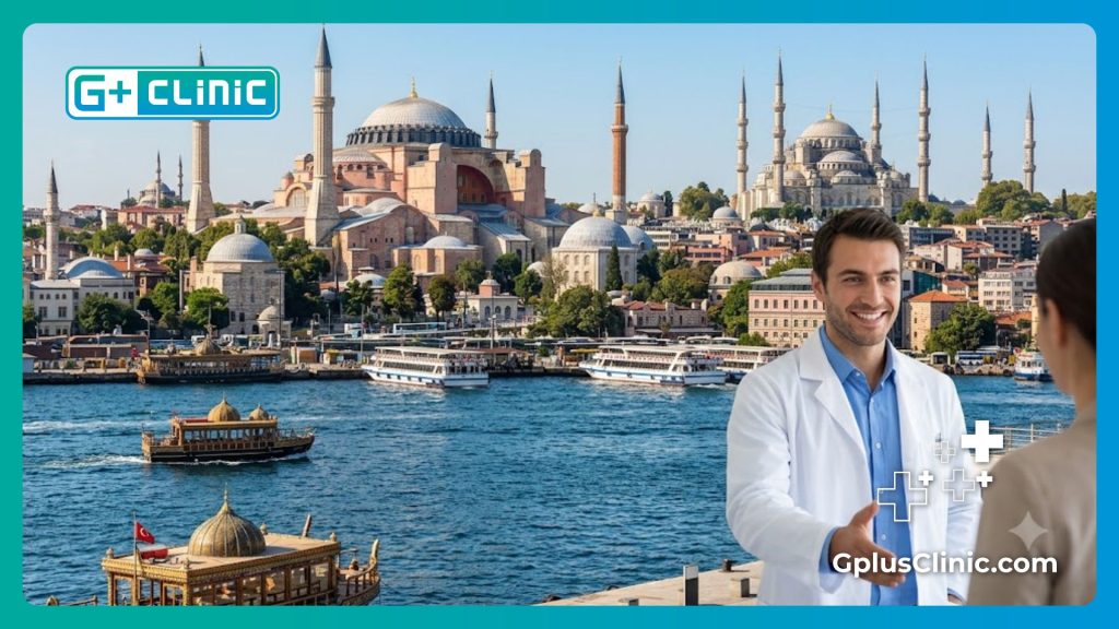 طبيب عيون يرحب بالمريض في إسطنبول مع خلفية مسجد آيا صوفيا والقرن الذهبي