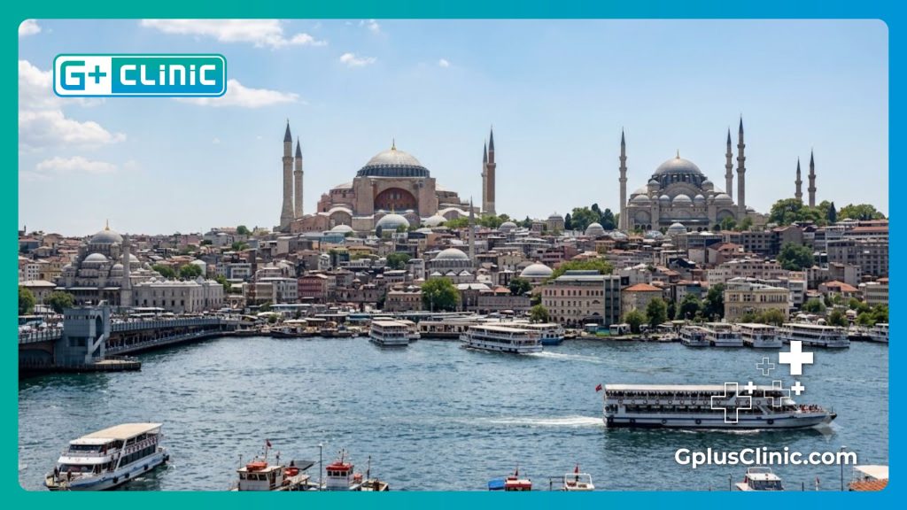 Friendly medical specialist welcoming international patients to Istanbul with a stunning view of the skyline.