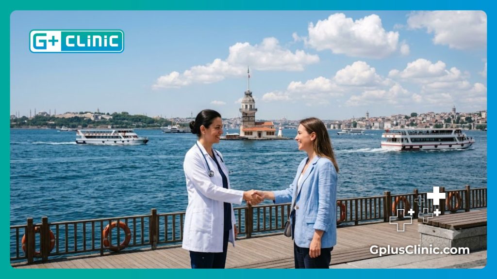 Врач встречает пациента в Стамбуле на фоне пролива Босфор