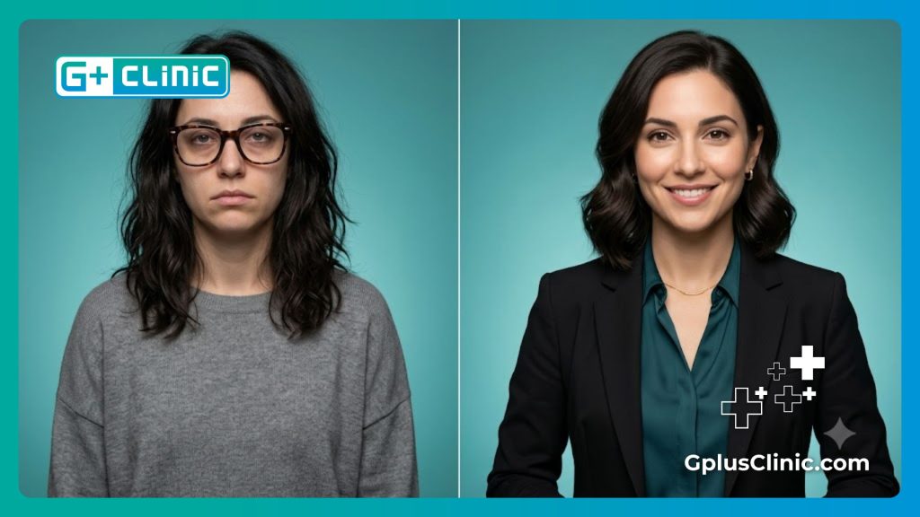 Split-screen image of a confident woman before and after ditching her heavy eyeglasses.