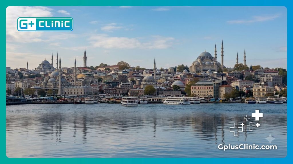 Beautiful daytime panoramic view of the Hagia Sophia and Blue Mosque across the water in Istanbul.