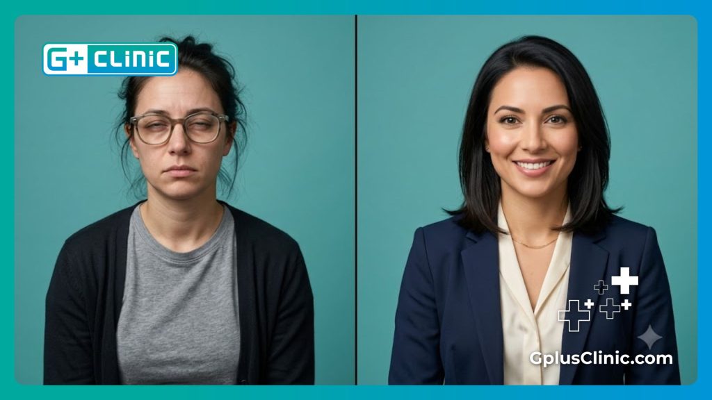 Avant et après d'une femme qui ne porte plus de lunettes grâce à la chirurgie oculaire