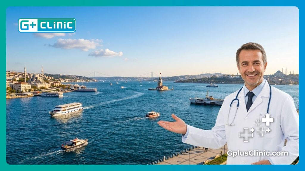 Médecin accueillant un patient à Istanbul avec le détroit du Bosphore en arrière-plan