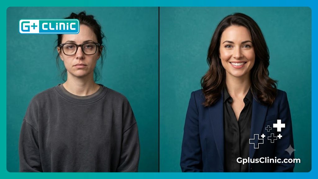 Comparaison avant et après montrant le patient sans lunettes