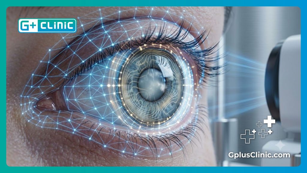 High-tech digital mesh visualization of the human eye anatomy