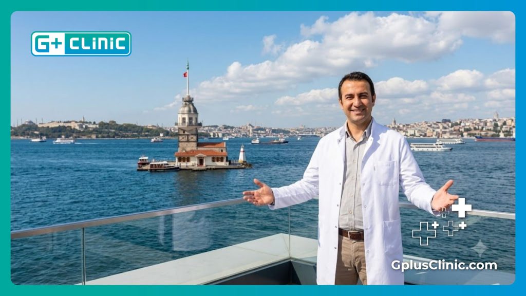 Friendly eye surgeon welcoming patient with Istanbul Bosphorus background