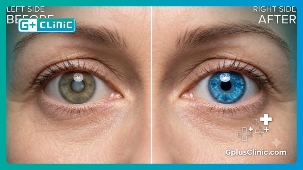 Split screen comparison of a patient's eye before and after the intraocular lens implant