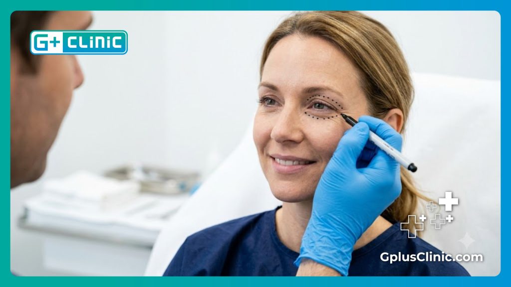 Precise surgical markings being drawn around the eye area for laser preparation.
