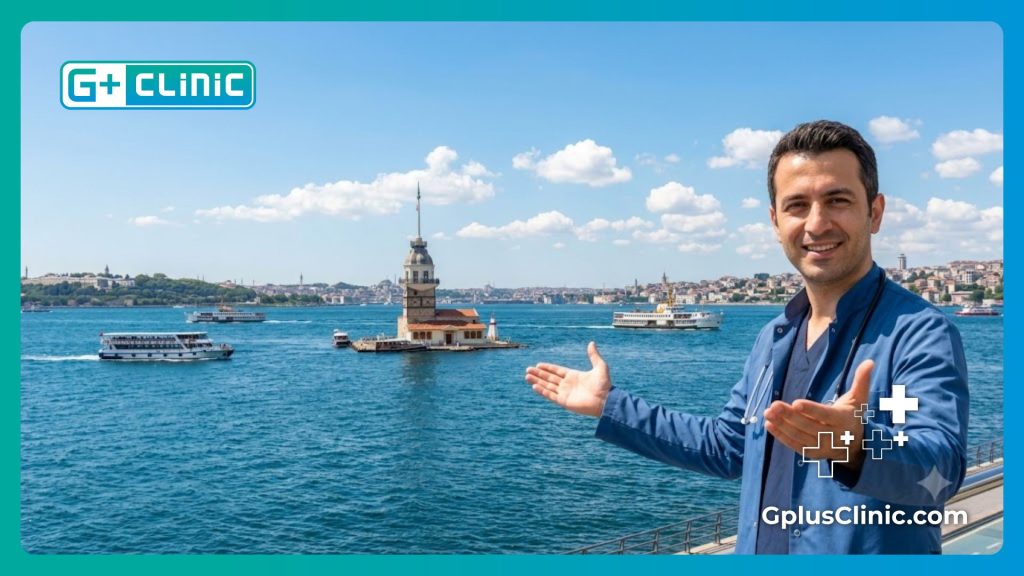 Friendly ophthalmologist welcoming patients to Istanbul for treatment with the iconic Maiden's Tower in the background.