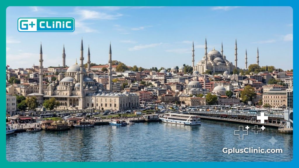 Doctor especialista dando la bienvenida a los pacientes en Estambul con vistas a los monumentos históricos.