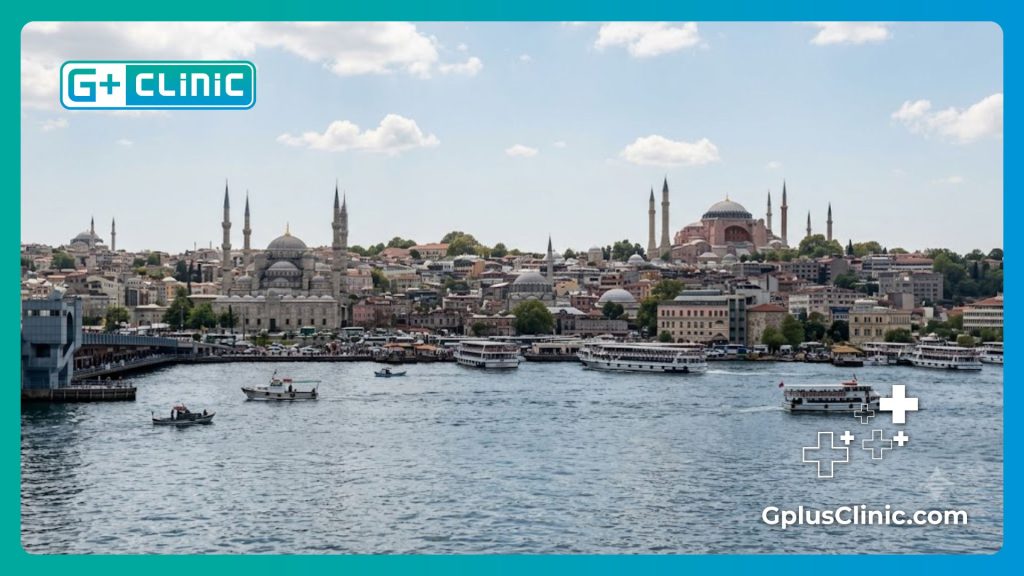 طبيب يرحب بالمرضى في عيادة فاخرة تطل على المعالم التاريخية الشهيرة لمدينة اسطنبول في تركيا.