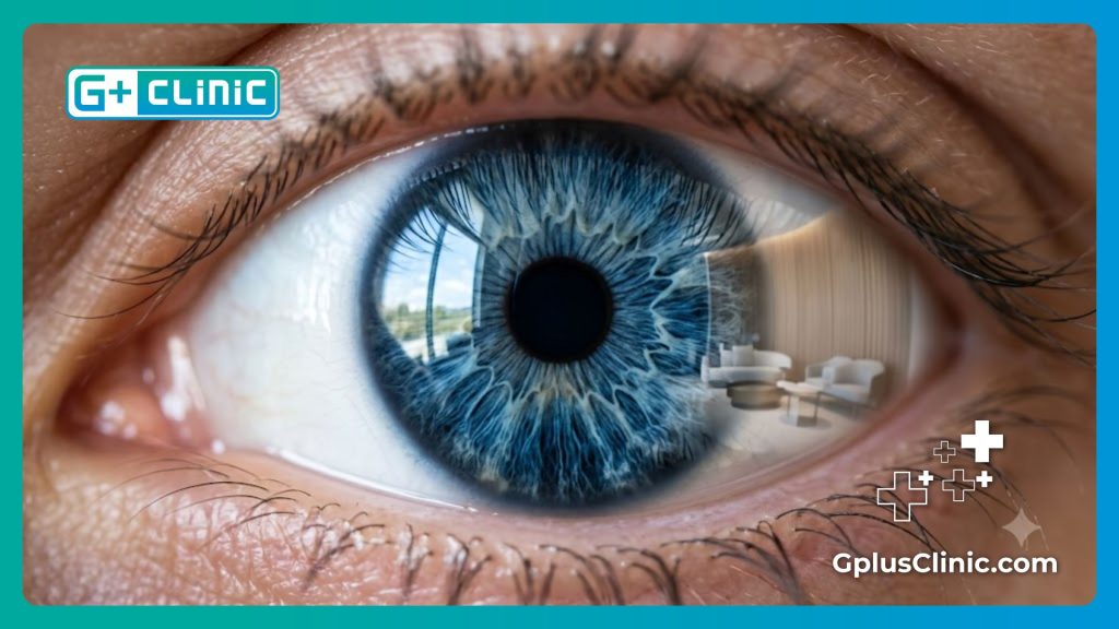 Primer plano de un ojo humano sano y radiante tras una exitosa intervención de corrección de visión.