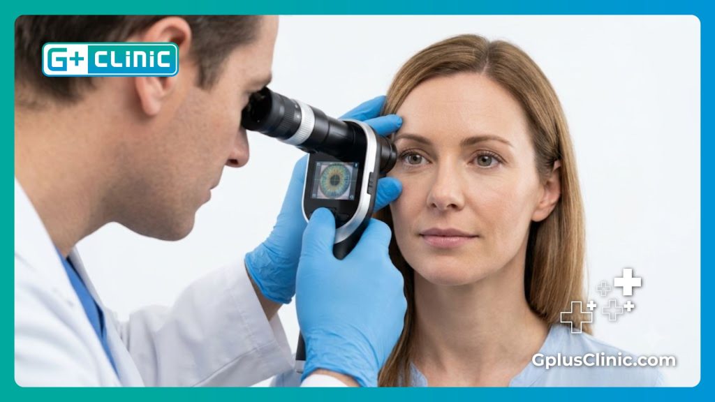 Examen médical de précision de l'œil avant l'intervention.