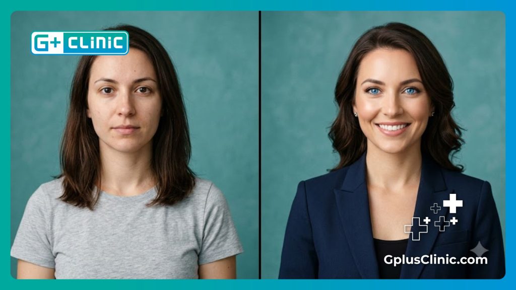 Modélisation numérique avant et après montrant la transformation de la couleur de l'iris.
