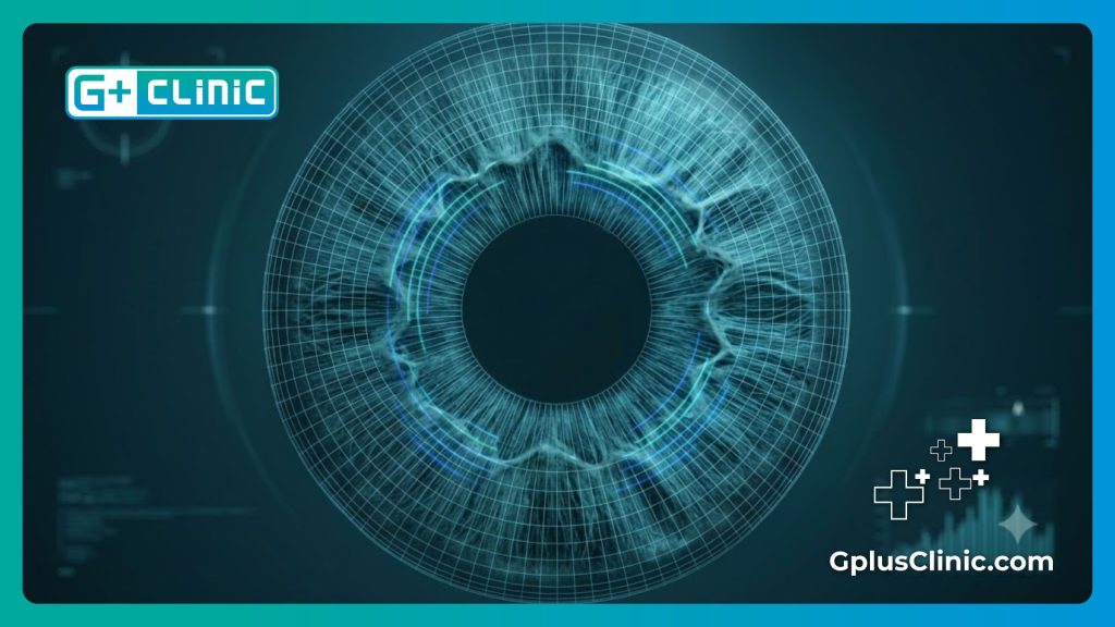 High-tech digital anatomical scan visualizing iris structure and laser precision zones.