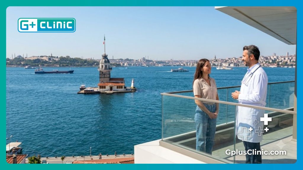 Professional doctor in Istanbul welcoming international patients with the Bosphorus landmark view.