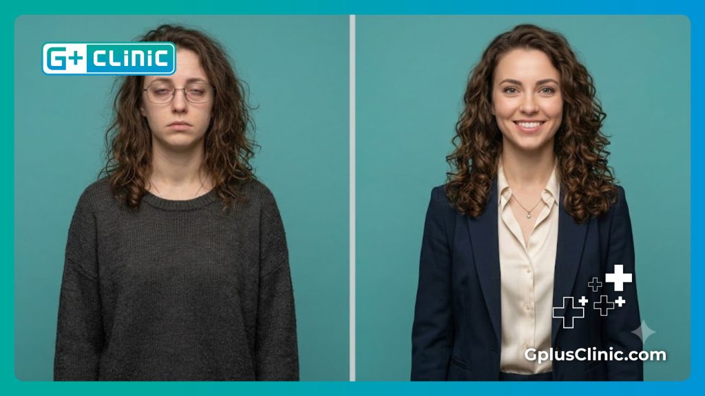 Split-screen comparison demonstrating the dramatic change after successful eye surgery.