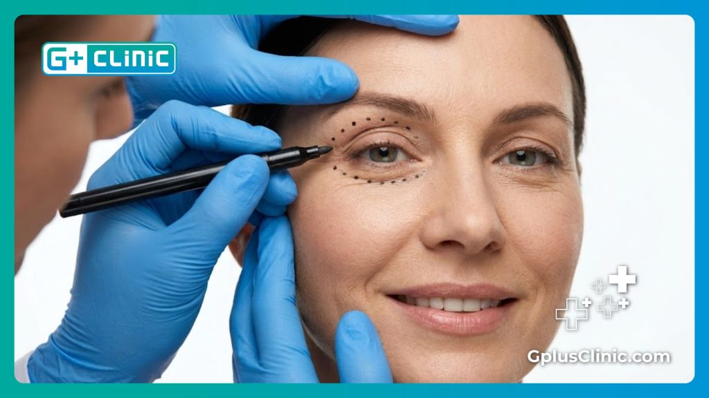 Close-up of a specialist applying precise medical guidelines on a patient's eye area prior to surgery.