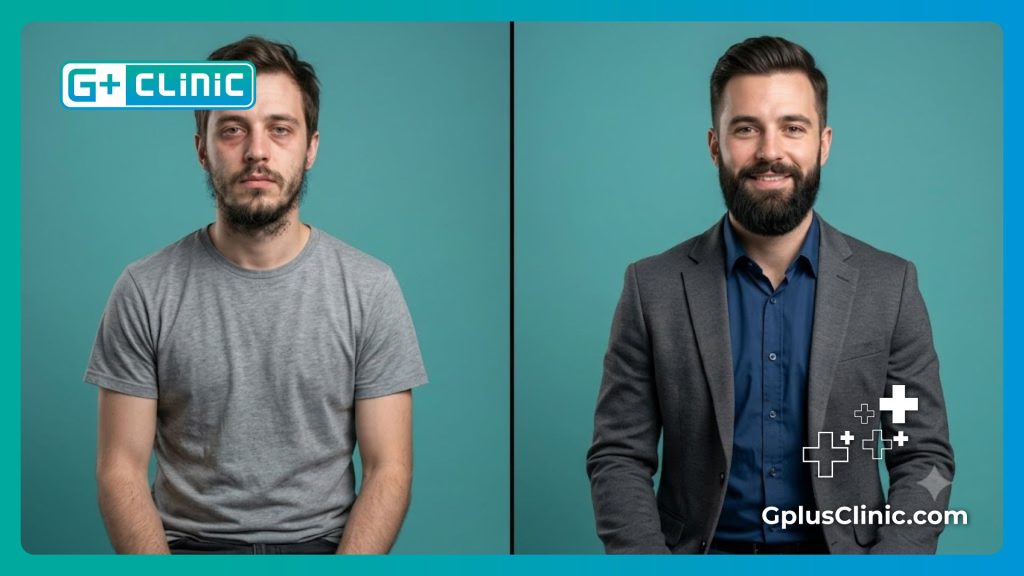 Split screen showing patchy beard versus full dense beard after treatment