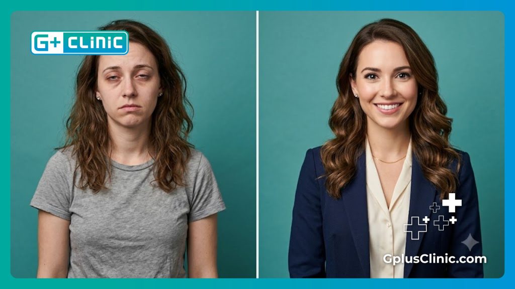 Split-screen comparison showing clear, healthy eyes before and after laser vision correction.