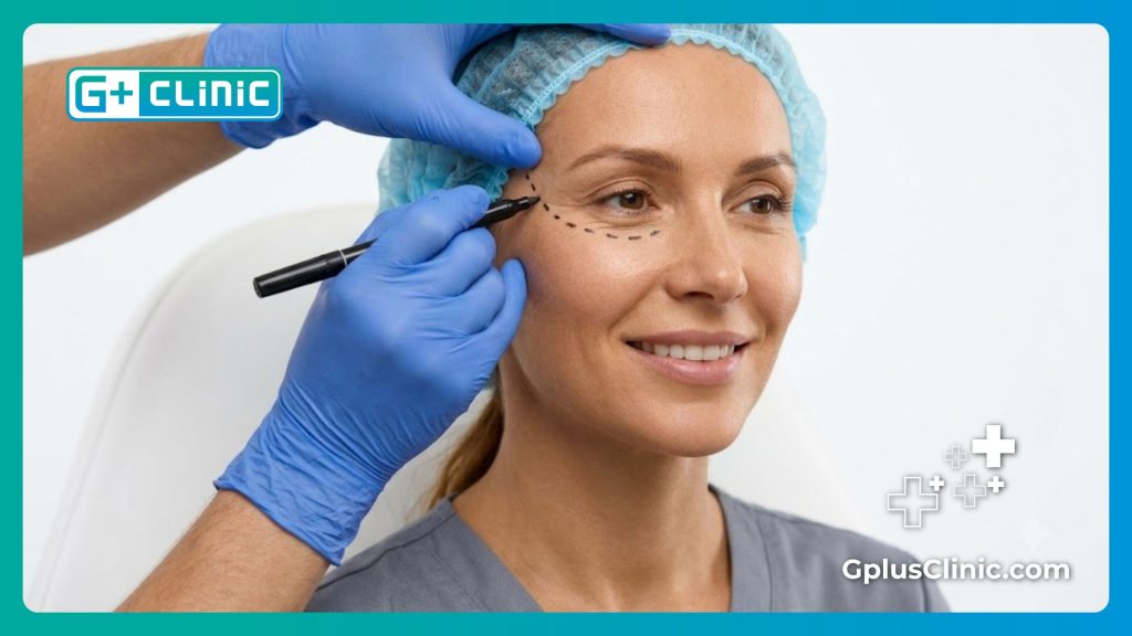 Ophthalmologist making precise clinical skin markings near the eye before a surgical procedure.