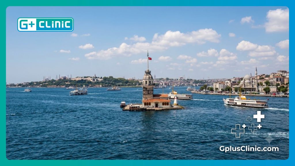 Especialista ocular dando la bienvenida a Estambul con vistas al Bósforo