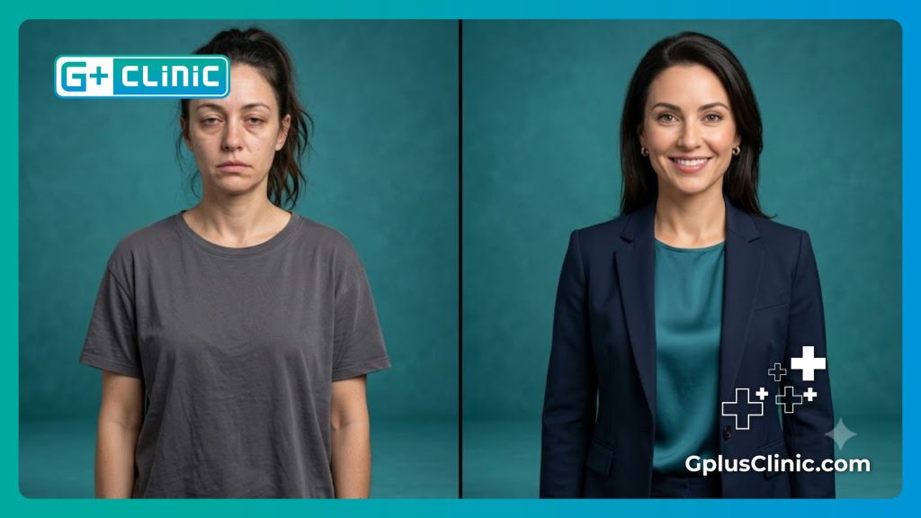 Split screen showcasing digital comparison of hooded eyelid correction