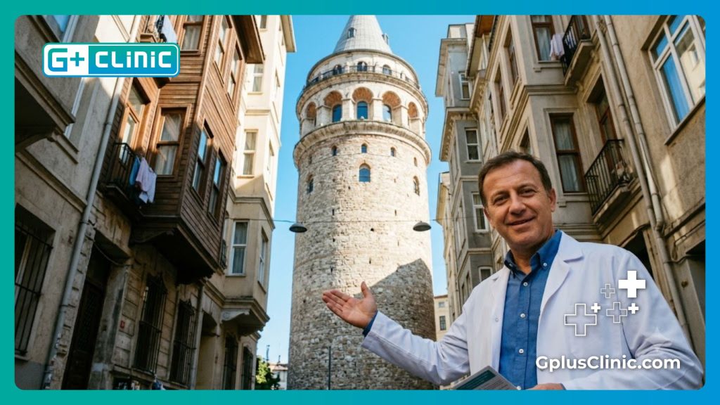 Chirurgien ophtalmologue devant la tour de Galata à Istanbul.