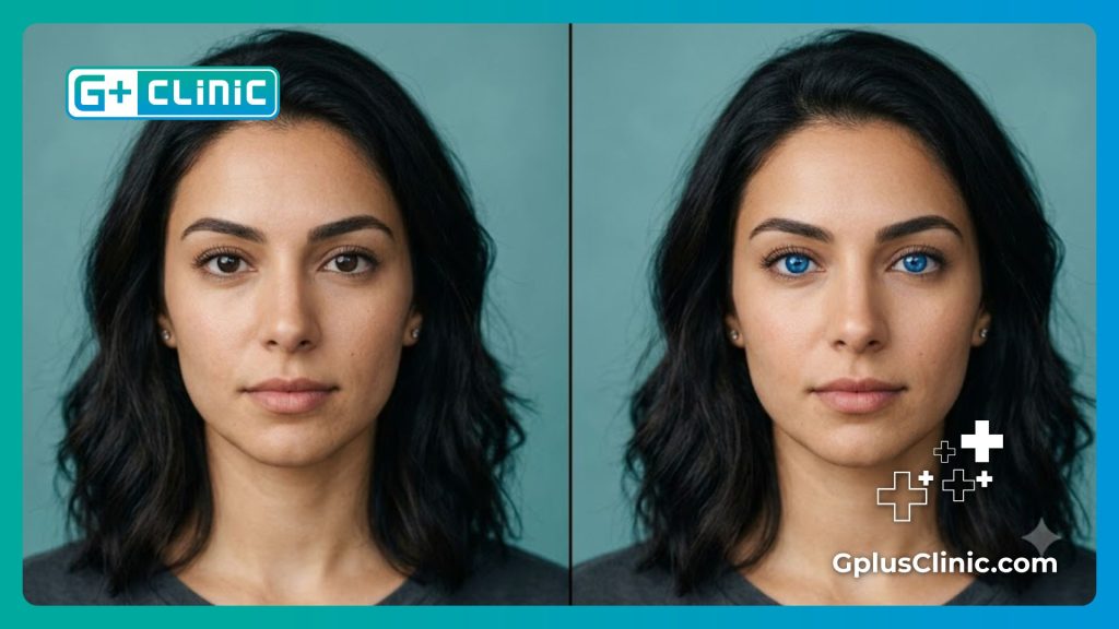 : Detailed digital split screen of an eye showing Iris color change in Turkey.