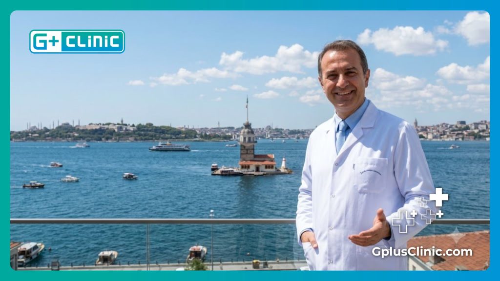 Médecin accueillant chaleureusement un patient à Istanbul avec le Bosphore en arrière-plan.
