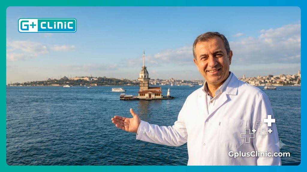 Friendly ophthalmologist welcoming a patient with the Bosphorus in the background