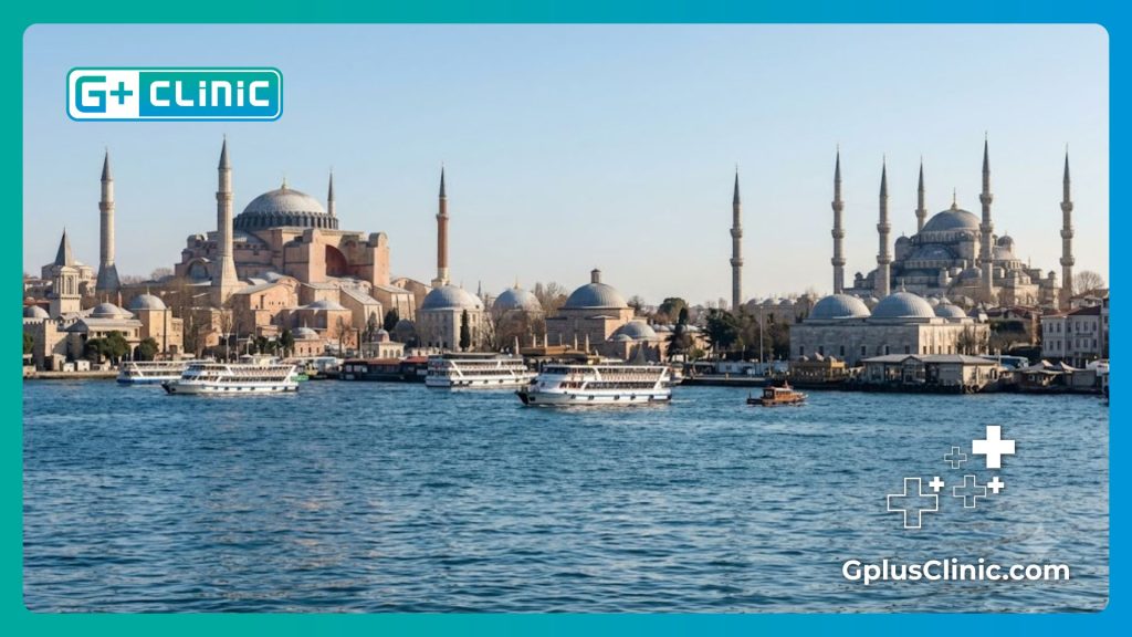 طبيب يرحب بالمريض مع خلفية خلابة لمعالم اسطنبول السياحية والتاريخية