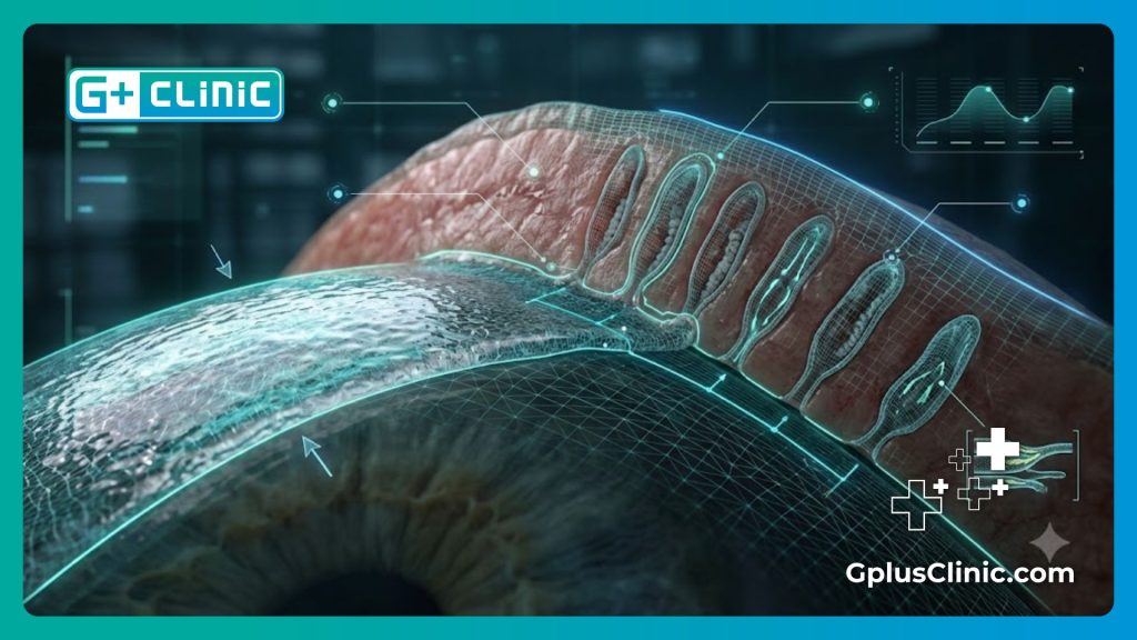 Scan numérique 3D de haute précision montrant l'anatomie oculaire et les zones ciblées par le traitement laser.