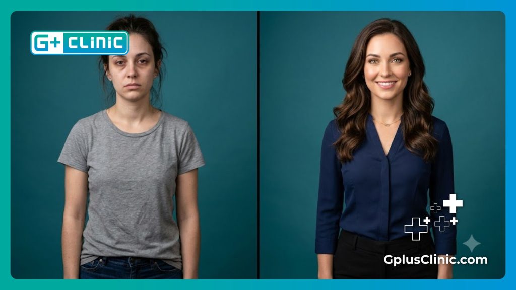 Comparaison avant et après montrant une transformation réussie de la couleur des yeux.