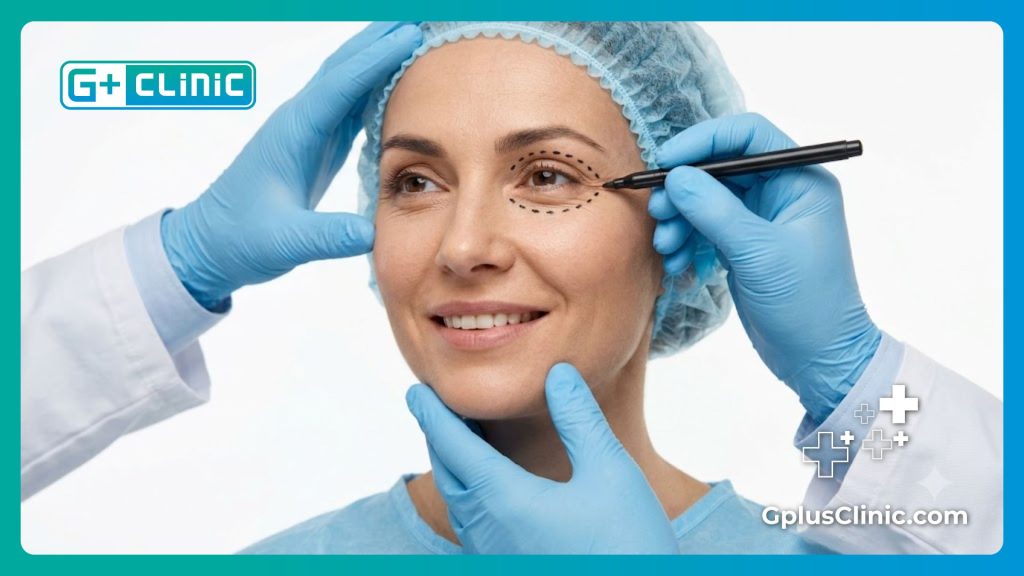 Préparation médicale précise de la zone oculaire avant le traitement laser.