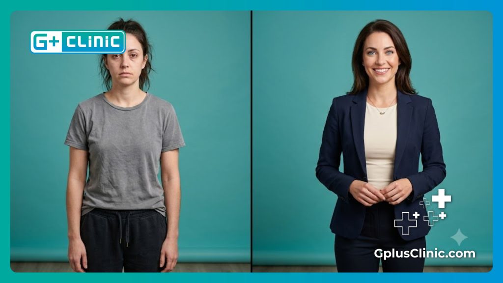Pantalla dividida que muestra la asombrosa transformación del color de los ojos de la paciente