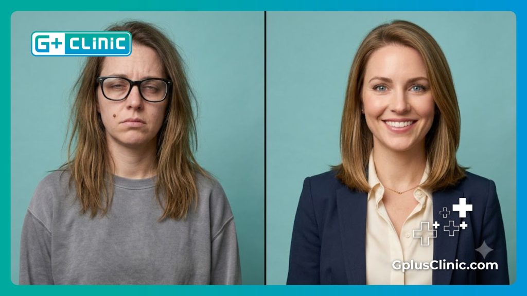 Digital split-screen comparison showing perfect vision restoration