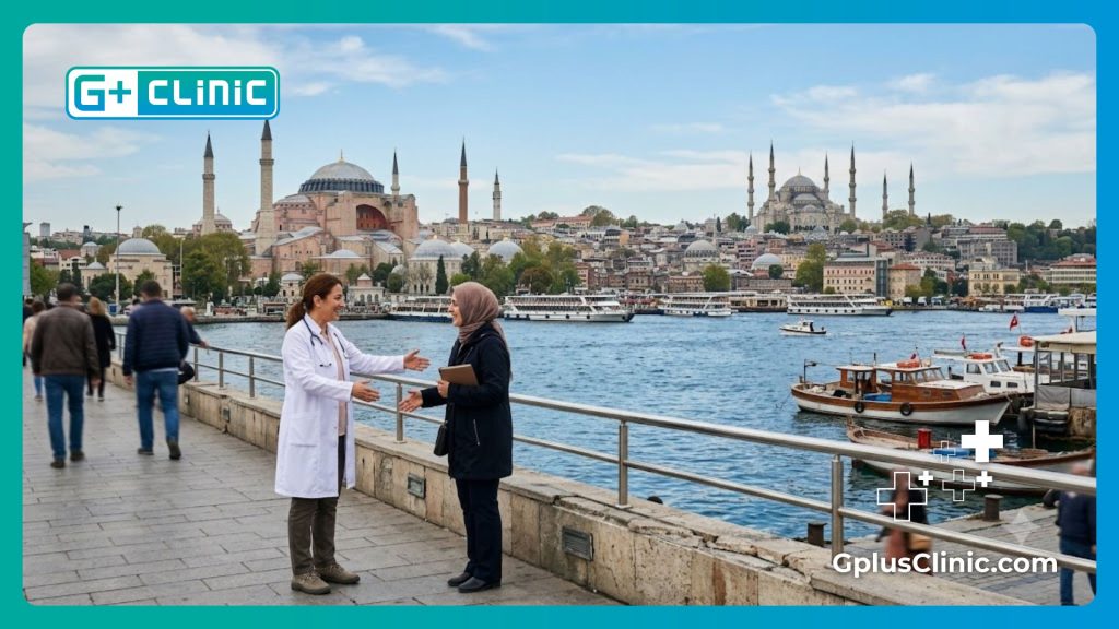 Friendly doctor welcoming patients to Istanbul by the skyline