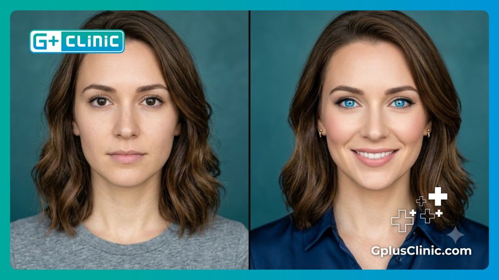 Split screen showcasing a successful before and after result of a non-surgical eye color transformation.