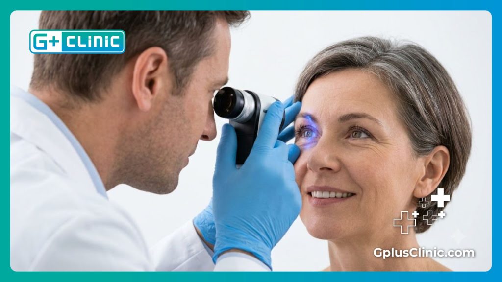 Close-up of a doctor using an advanced optical scanner on a patient's eye for safe color modification.