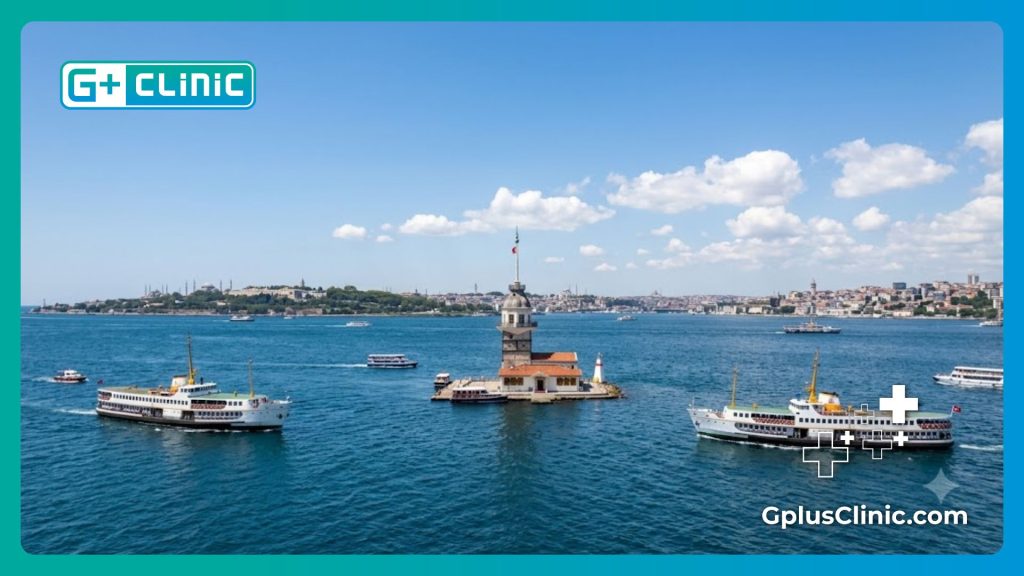A beautiful sunny view of the Maiden's Tower on the Bosphorus Strait in Istanbul.