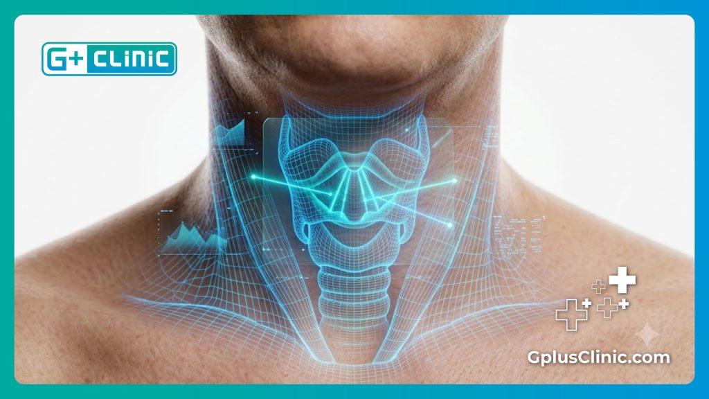 فحص رقمي دقيق لمنطقة الحنجرة يوضح تقنيات العلاج المتقدمة.