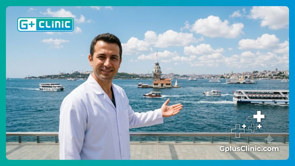طبيب يرحب بالمرضى في إسطنبول مع برج الفتاة في الخلفية.