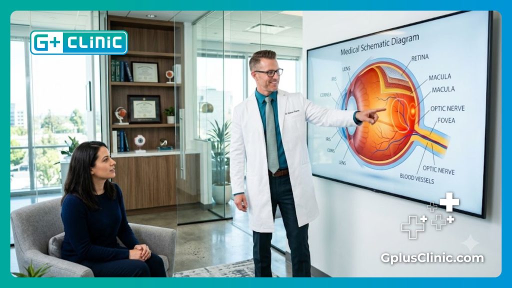 Oftalmólogo experto explicando una Evaluación visual completa en línea en una pantalla médica avanzada.