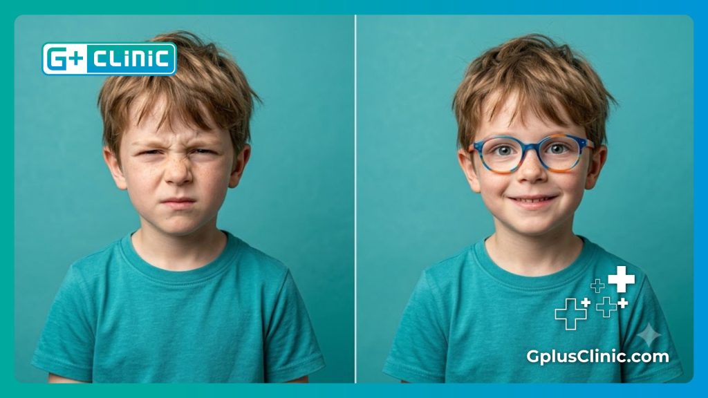 Split screen showing a child squinting before and smiling with clear glasses after.