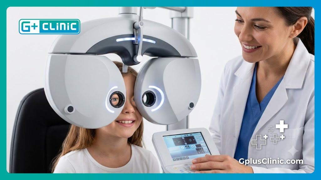 Close-up of a child undergoing a precise and painless vision test.