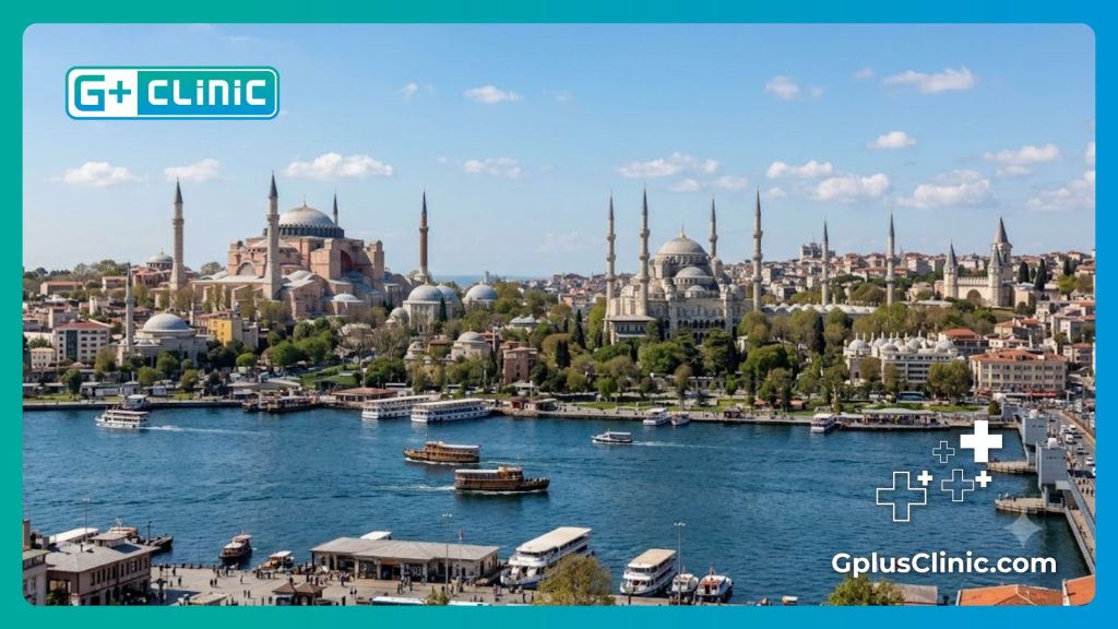 Panoramic view of Hagia Sophia and the Blue Mosque over the Golden Horn in Istanbul.