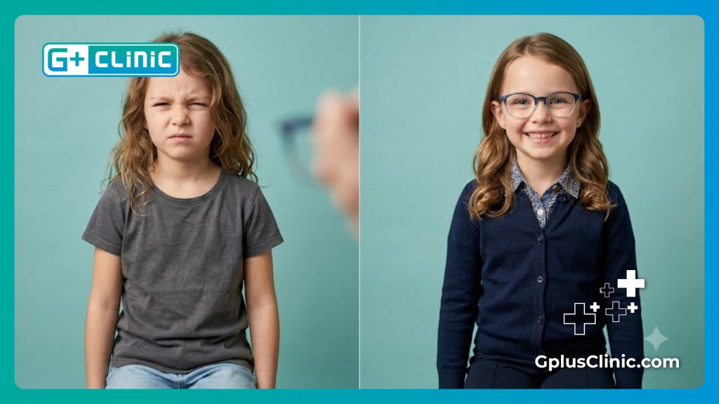 High-tech split screen analysis showing dynamic vision improvements for a child.